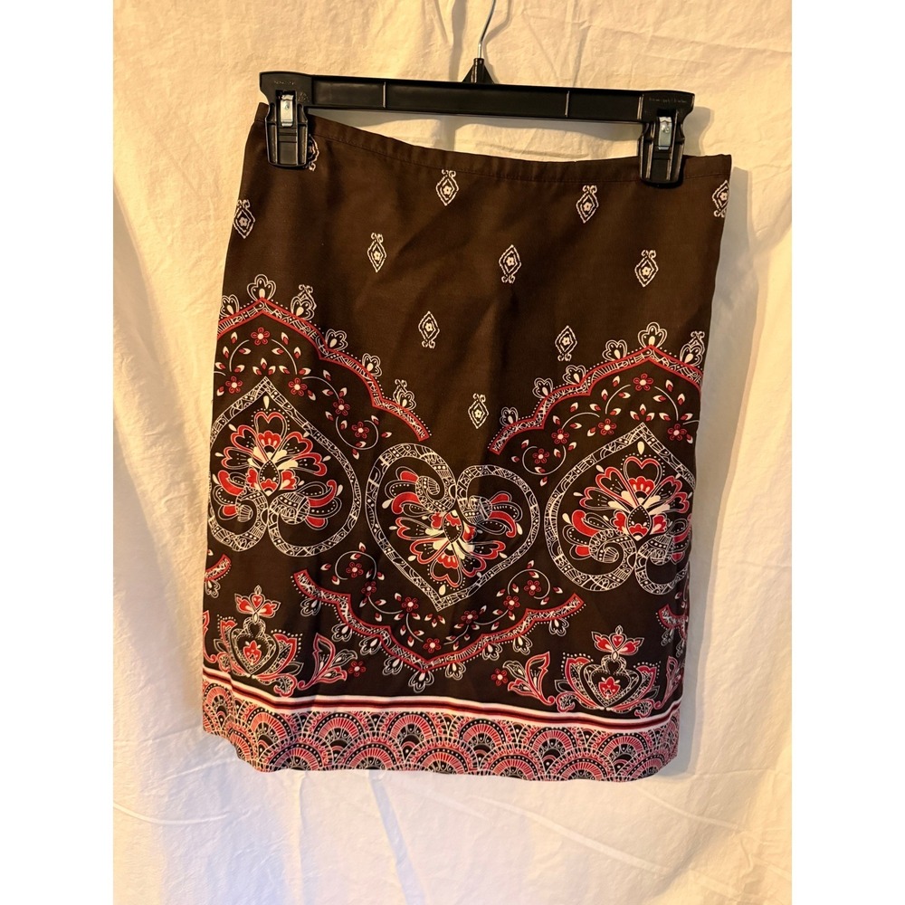 Ann Taylor Loft Brown Paisley Heart Print Pencil Skirt Size 0 Red White Boho
